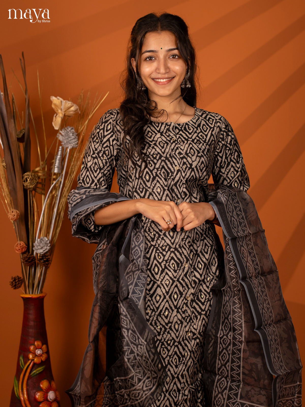 Black Linen Cotton 3 Pc Salwar with Digital Print - Top, Bottom & Dupatta