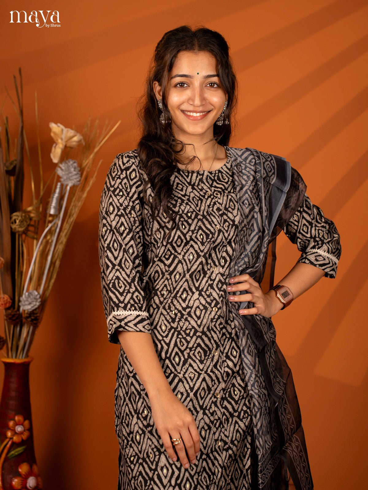 Black Linen Cotton 3 Pc Salwar with Digital Print - Top, Bottom & Dupatta