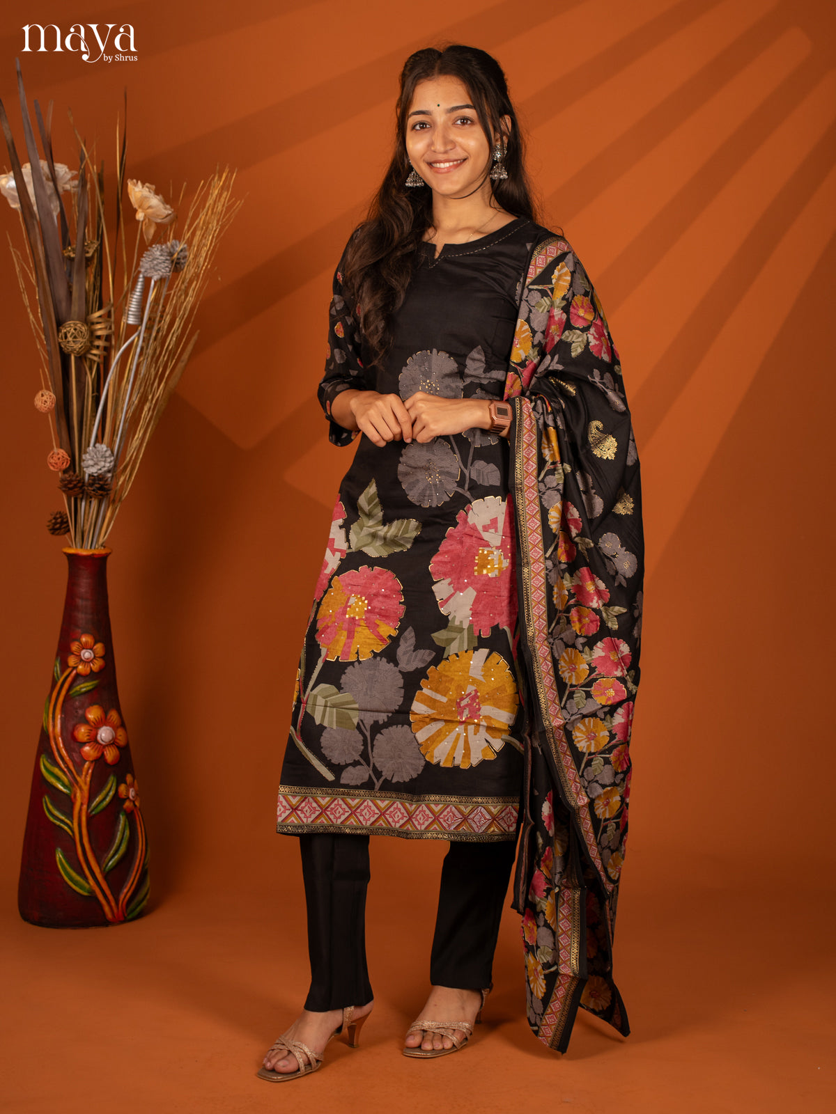 Black Rayon 3Pc Printed Salwar Suit- Top, Bottom & Dupatta