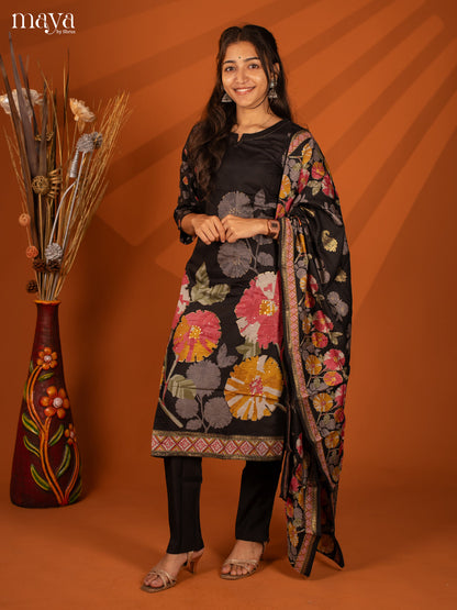 Black Rayon 3Pc Printed Salwar Suit- Top, Bottom & Dupatta