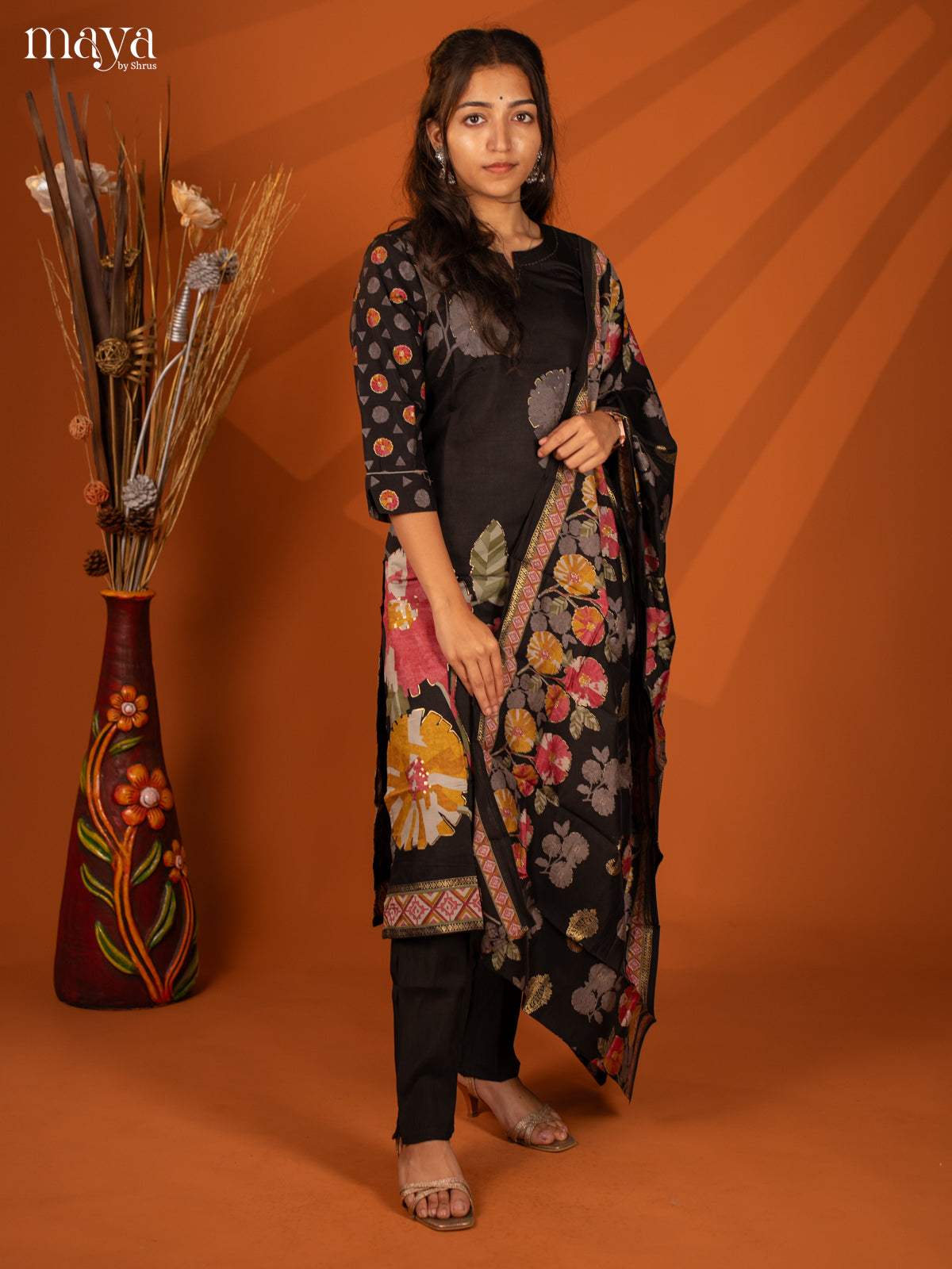 Black Rayon 3Pc Printed Salwar Suit- Top, Bottom & Dupatta