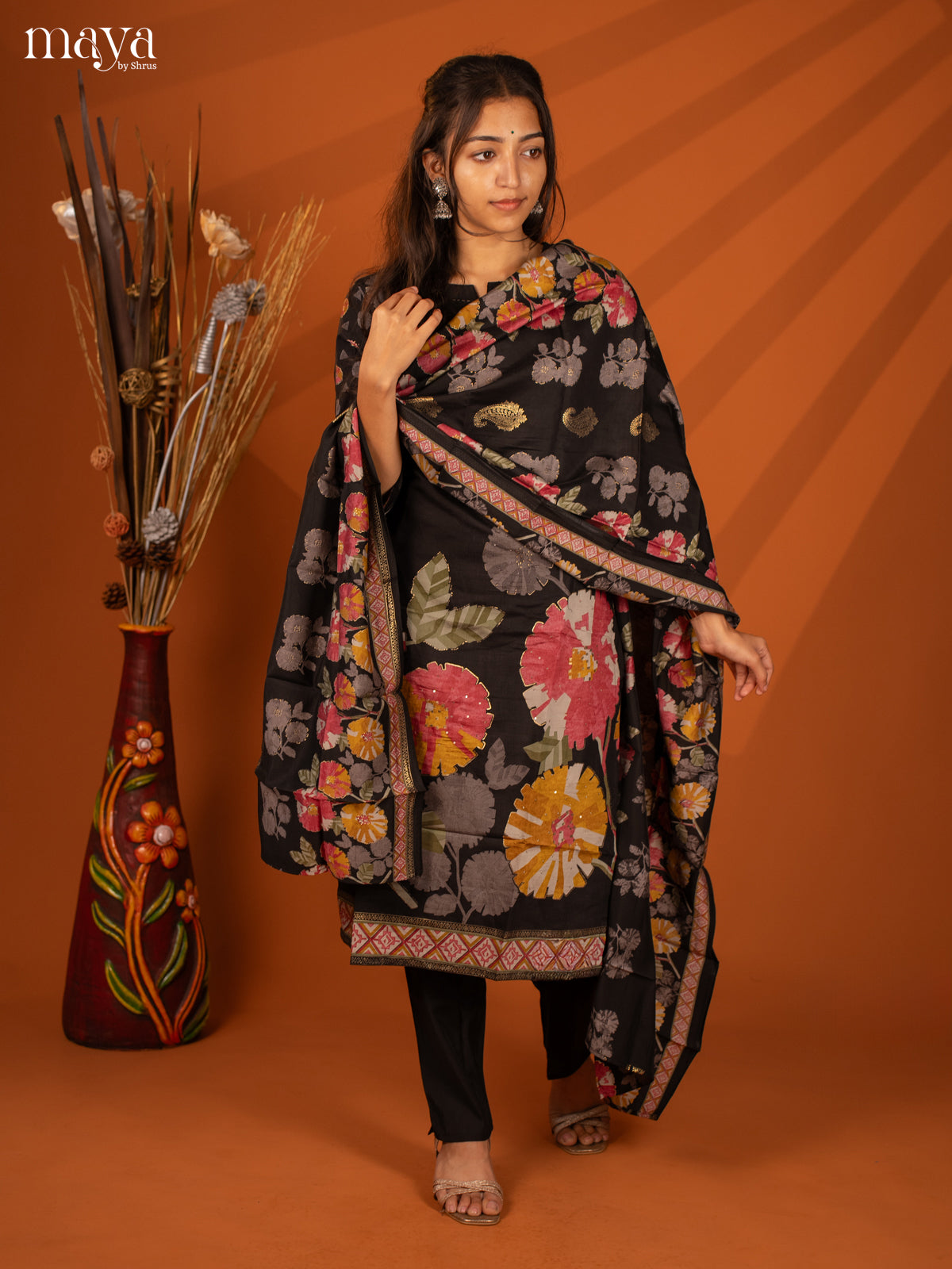 Black Rayon 3Pc Printed Salwar Suit- Top, Bottom & Dupatta