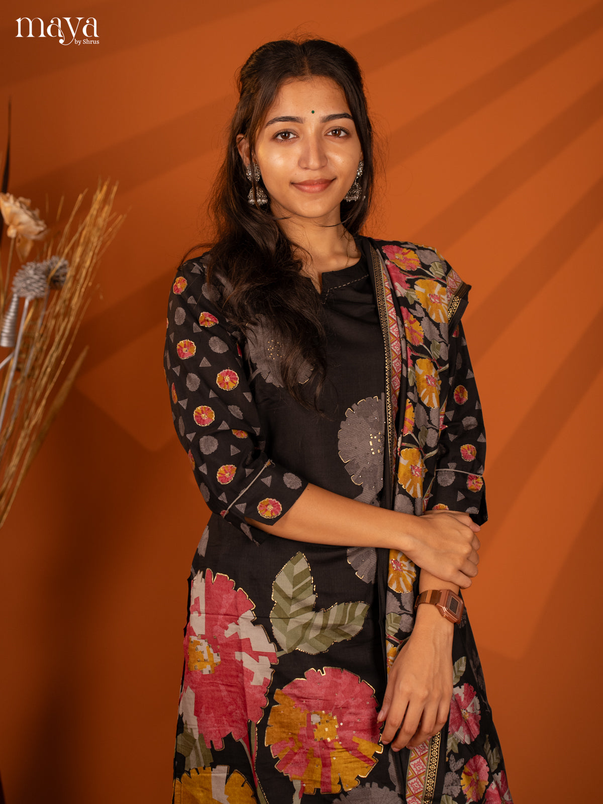 Black Rayon 3Pc Printed Salwar Suit- Top, Bottom & Dupatta