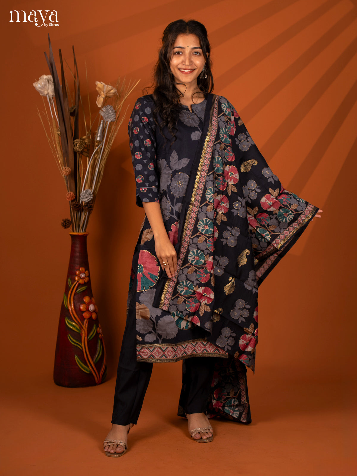 Blue Rayon 3 Pc Salwar With Floral Print - Top, Bottom & Dupatta