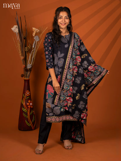 Blue Rayon 3 Pc Salwar With Floral Print - Top, Bottom & Dupatta