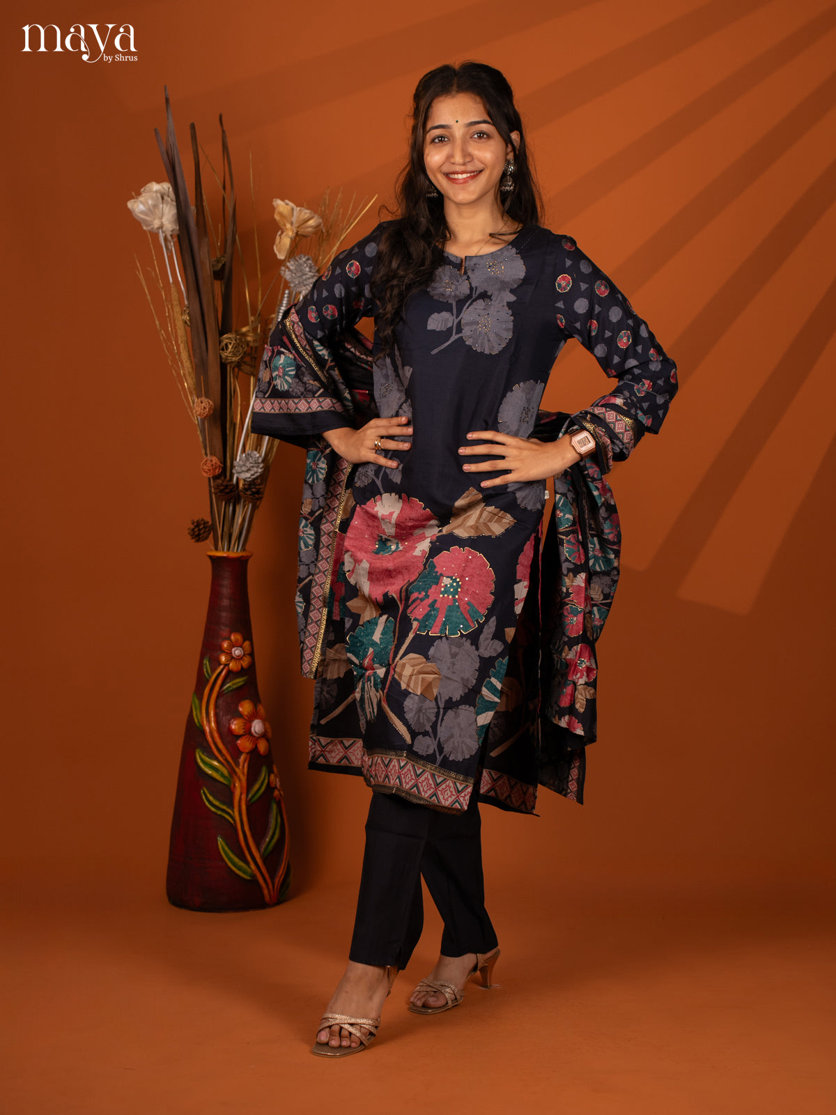 Blue Rayon 3 Pc Salwar With Floral Print - Top, Bottom & Dupatta
