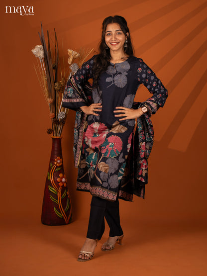 Blue Rayon 3 Pc Salwar With Floral Print - Top, Bottom & Dupatta