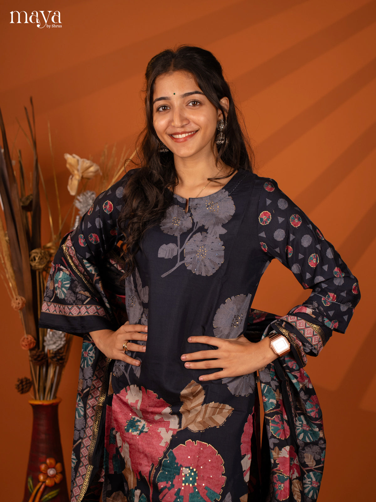 Blue Rayon 3 Pc Salwar With Floral Print - Top, Bottom & Dupatta