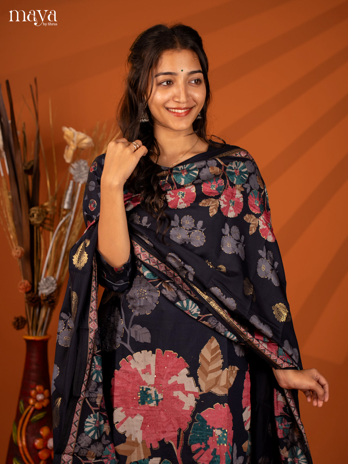 Blue Rayon 3 Pc Salwar With Floral Print - Top, Bottom & Dupatta