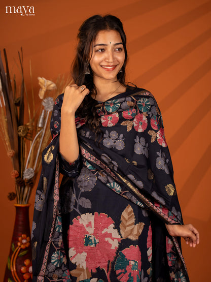 Blue Rayon 3 Pc Salwar With Floral Print - Top, Bottom & Dupatta