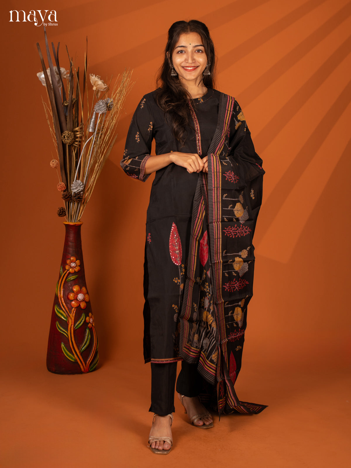 Embroidered Semi Georgette Black 3Pc Salwar Suit- Top, Bottom & Dupatta