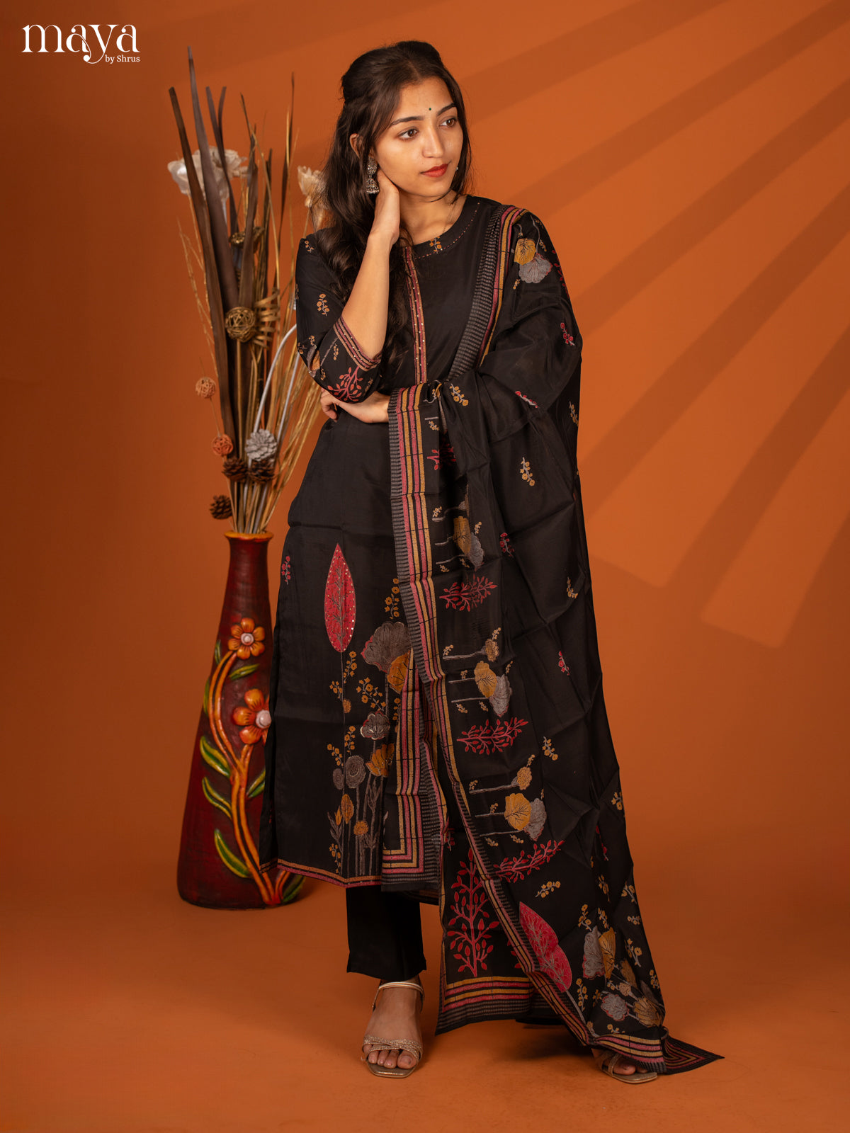 Embroidered Semi Georgette Black 3Pc Salwar Suit- Top, Bottom & Dupatta