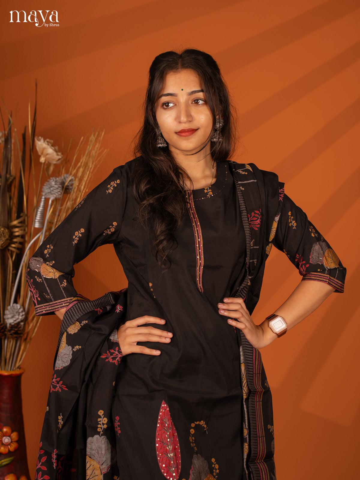 Embroidered Semi Georgette Black 3Pc Salwar Suit- Top, Bottom & Dupatta