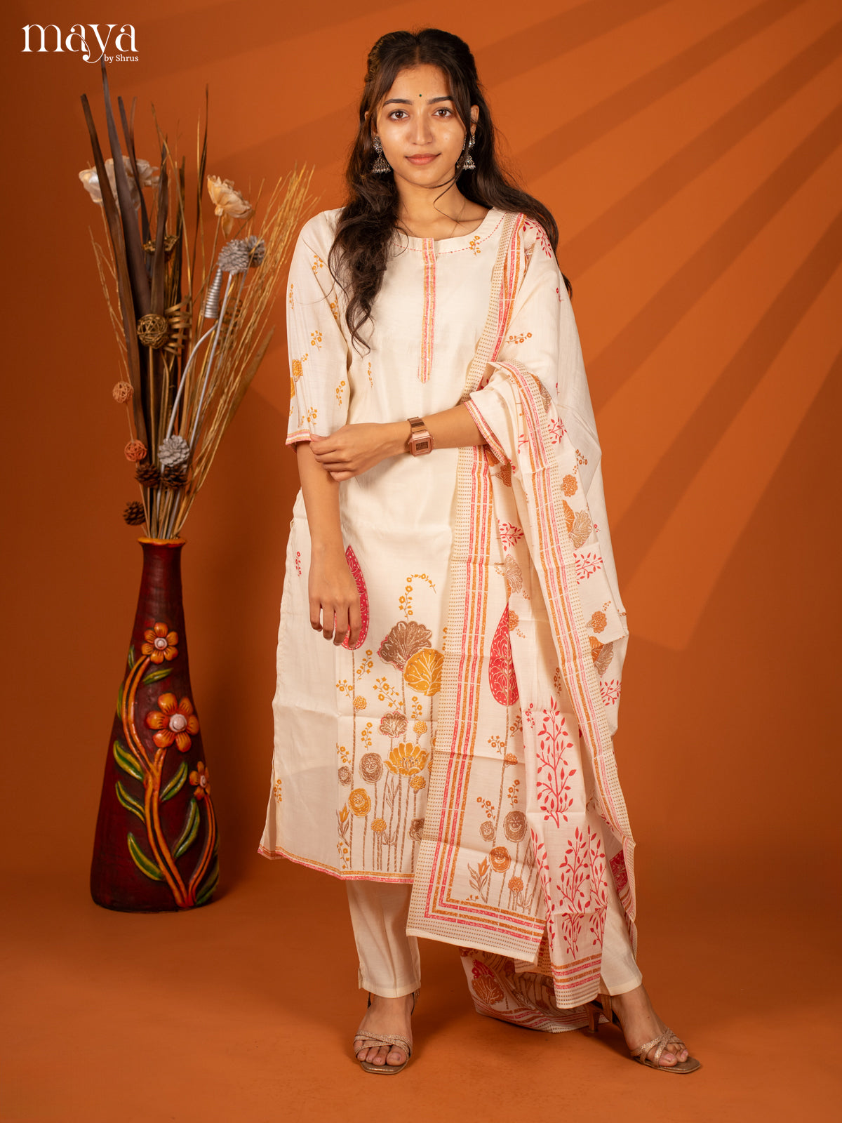 Cream Cotton 3 Pc Salwar With Embroidery - Top, Bottom & Dupatta