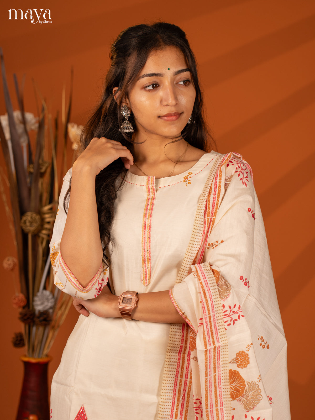 Cream Cotton 3 Pc Salwar With Embroidery - Top, Bottom & Dupatta