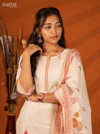 Cream Cotton 3 Pc Salwar With Embroidery - Top, Bottom & Dupatta