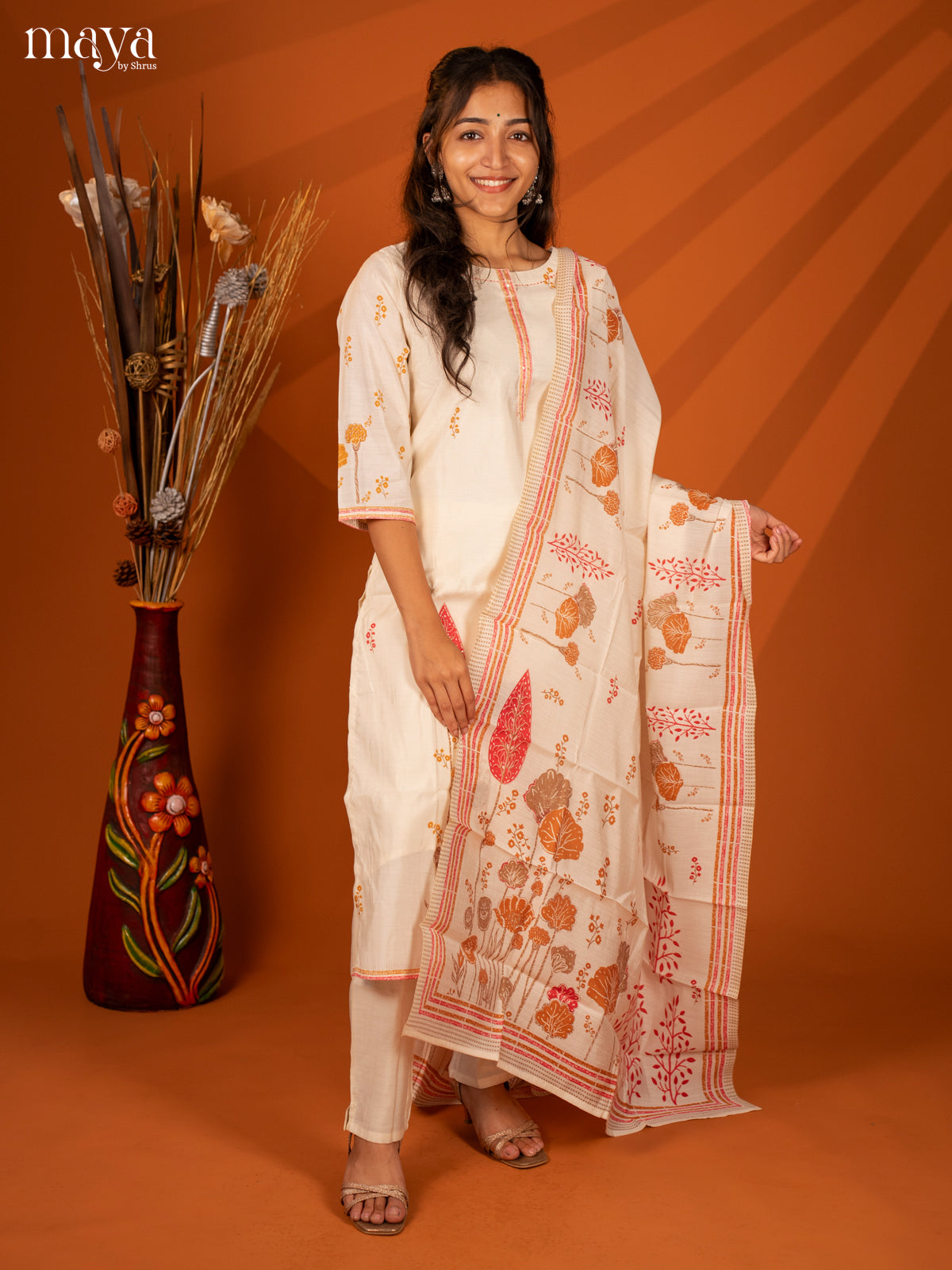 Cream Cotton 3 Pc Salwar With Embroidery - Top, Bottom & Dupatta