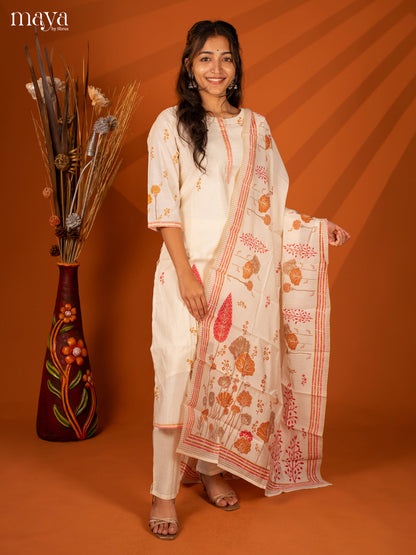 Cream Cotton 3 Pc Salwar With Embroidery - Top, Bottom & Dupatta
