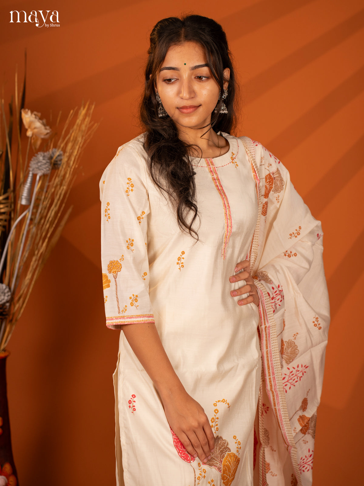 Cream Cotton 3 Pc Salwar With Embroidery - Top, Bottom & Dupatta