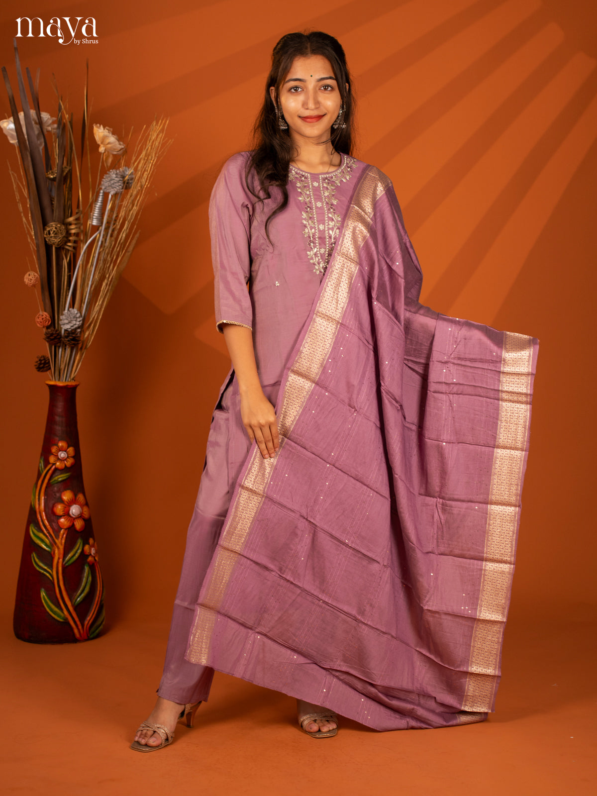 Embroidered Rayon Purple 3Pc Salwar Suit- Top, Bottom & Dupatta
