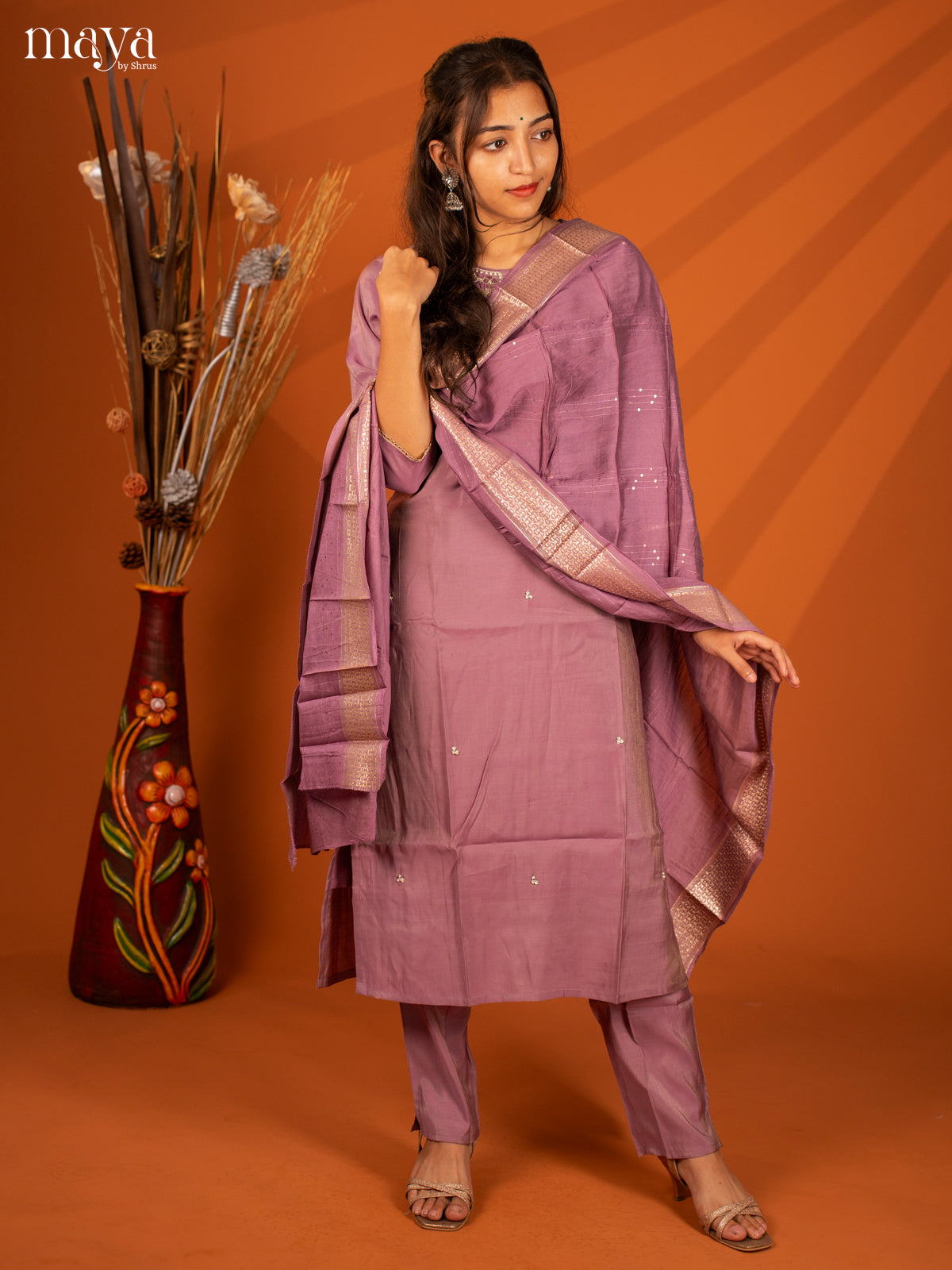 Embroidered Rayon Purple 3Pc Salwar Suit- Top, Bottom & Dupatta