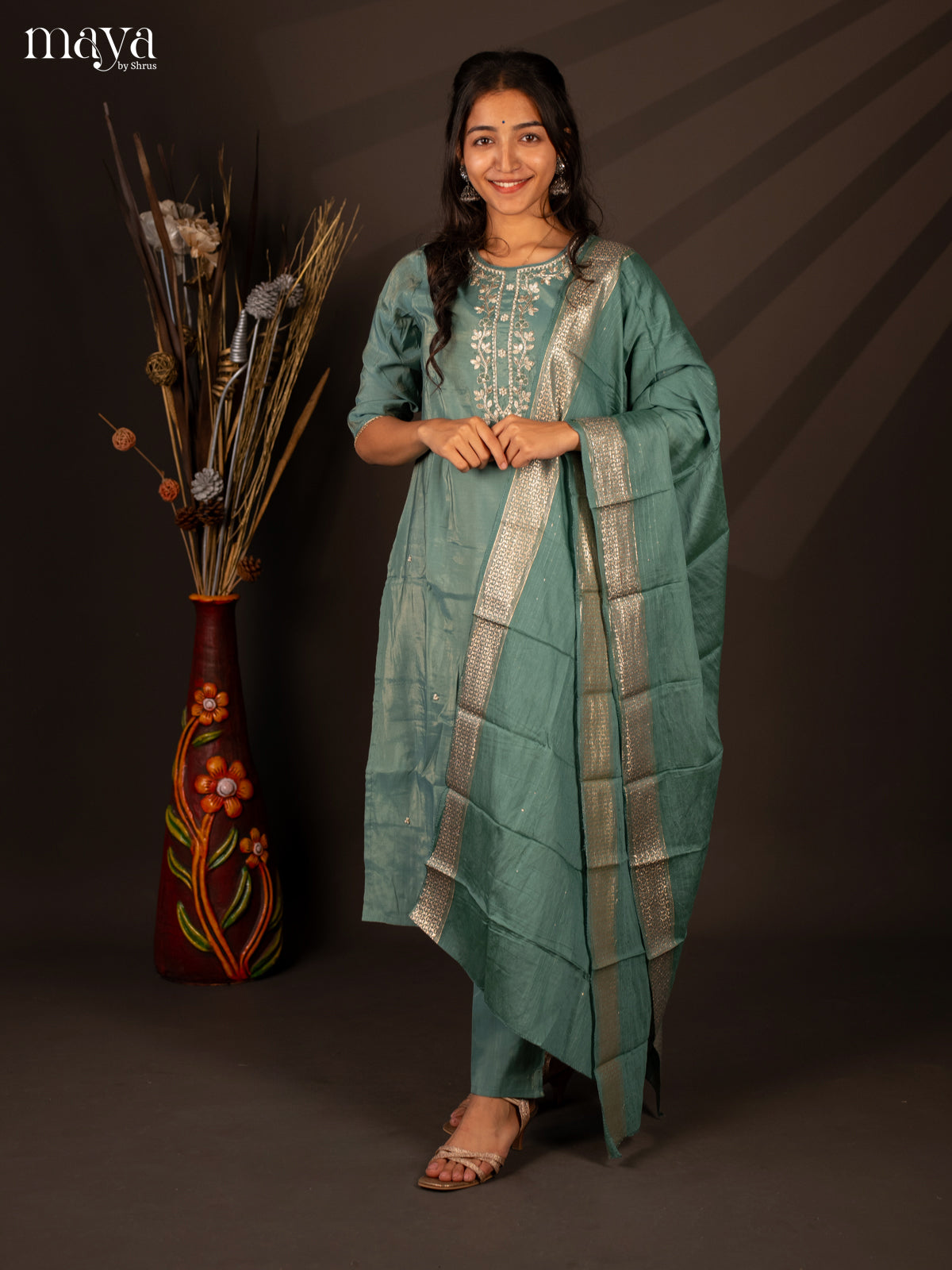 Embroidered Rayon Blue 3Pc Salwar Suit- Top, Bottom & Dupatta