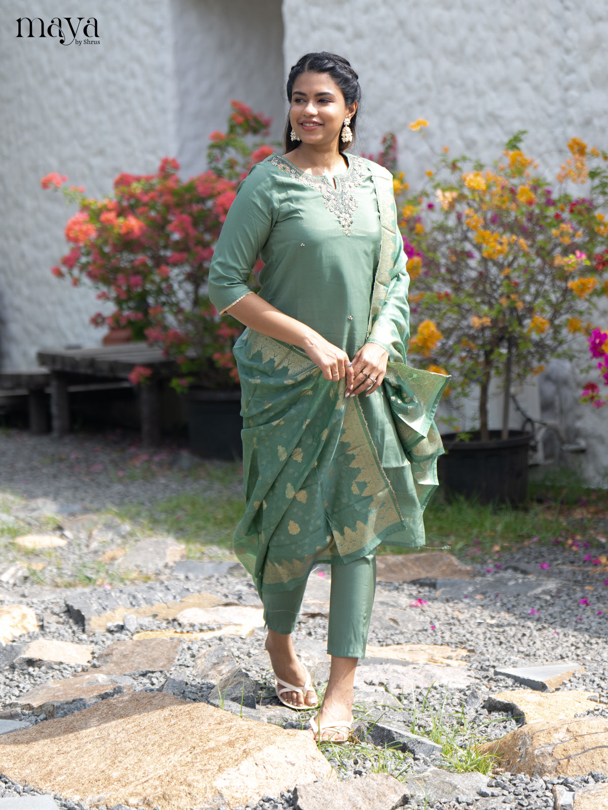 Embroidered Rayon Green 3Pc Salwar Suit- Top, Bottom & Dupatta