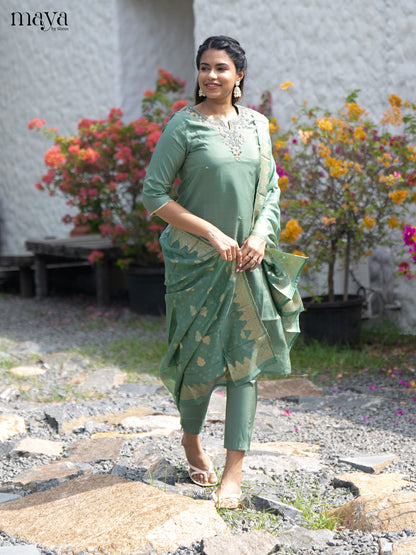 Embroidered Rayon Green 3Pc Salwar Suit- Top, Bottom & Dupatta