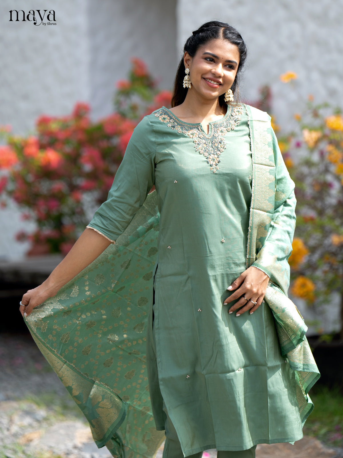 Embroidered Rayon Green 3Pc Salwar Suit- Top, Bottom & Dupatta