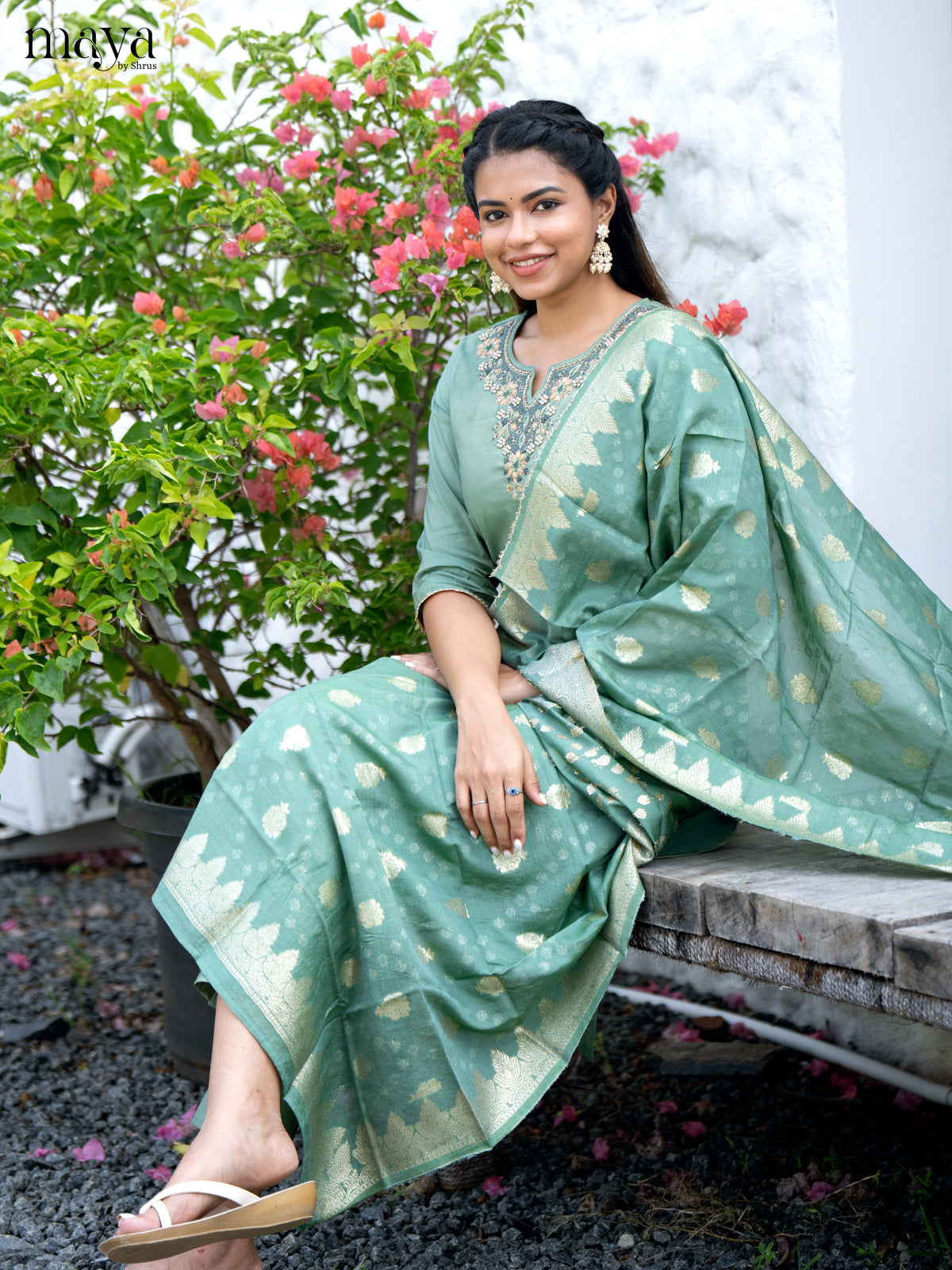 Embroidered Rayon Green 3Pc Salwar Suit- Top, Bottom & Dupatta