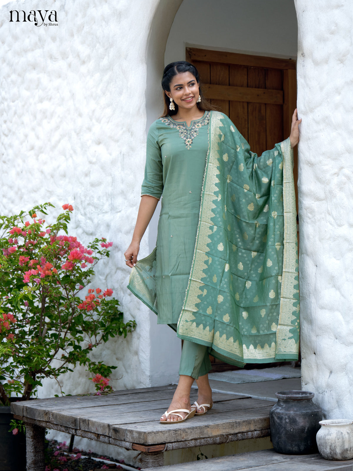 Embroidered Rayon Green 3Pc Salwar Suit- Top, Bottom & Dupatta