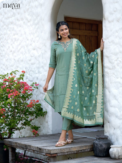 Embroidered Rayon Green 3Pc Salwar Suit- Top, Bottom & Dupatta