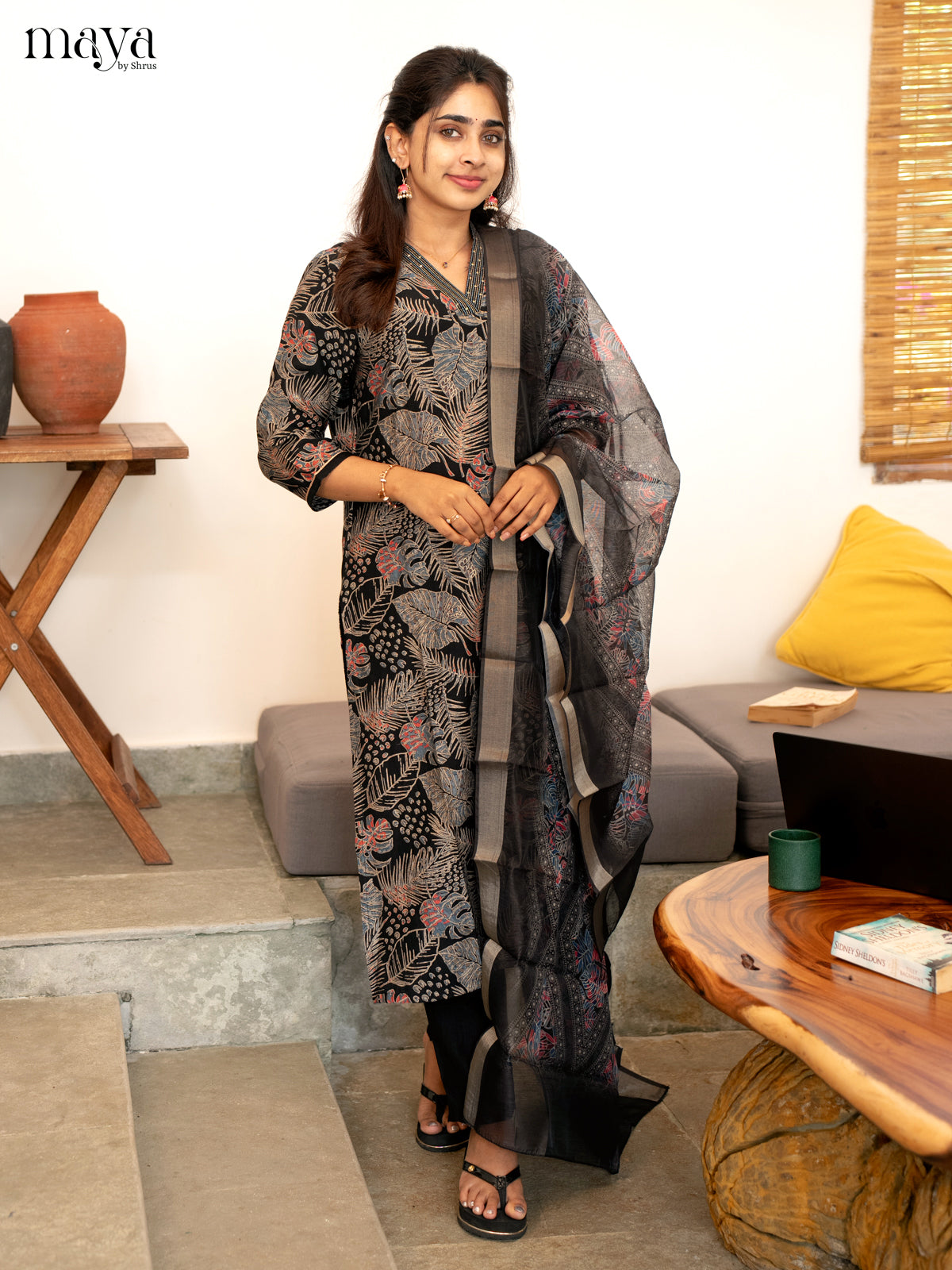 Black Cotton 3 Pc Salwar With Floral Print - Top, Bottom & Dupatta