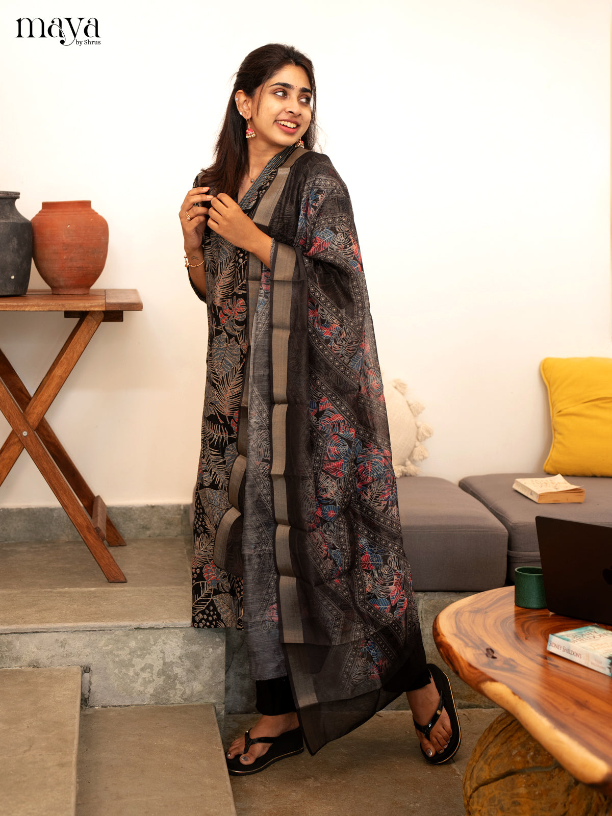 Black Cotton 3 Pc Salwar With Floral Print - Top, Bottom & Dupatta