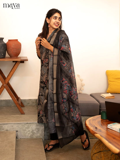Black Cotton 3 Pc Salwar With Floral Print - Top, Bottom & Dupatta