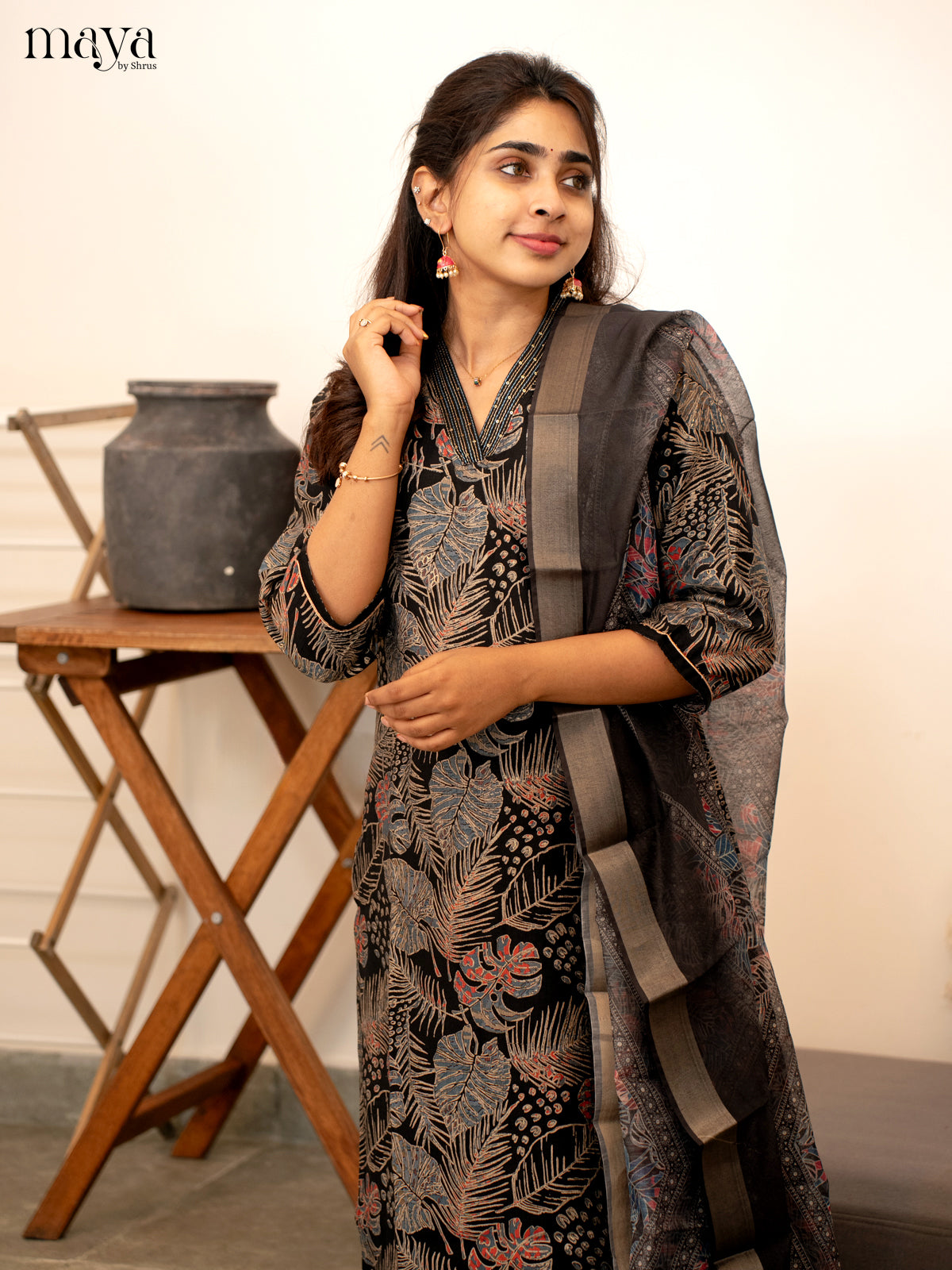 Black Cotton 3 Pc Salwar With Floral Print - Top, Bottom & Dupatta