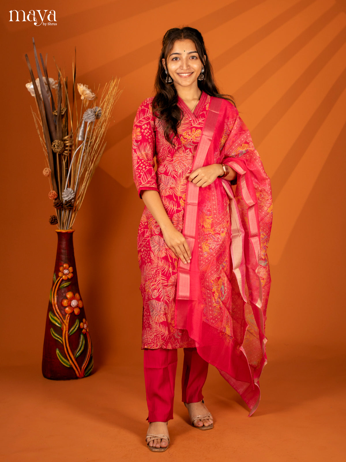 Pink Cotton 3 Pc Salwar With Floral Print - Top, Bottom & Dupatta