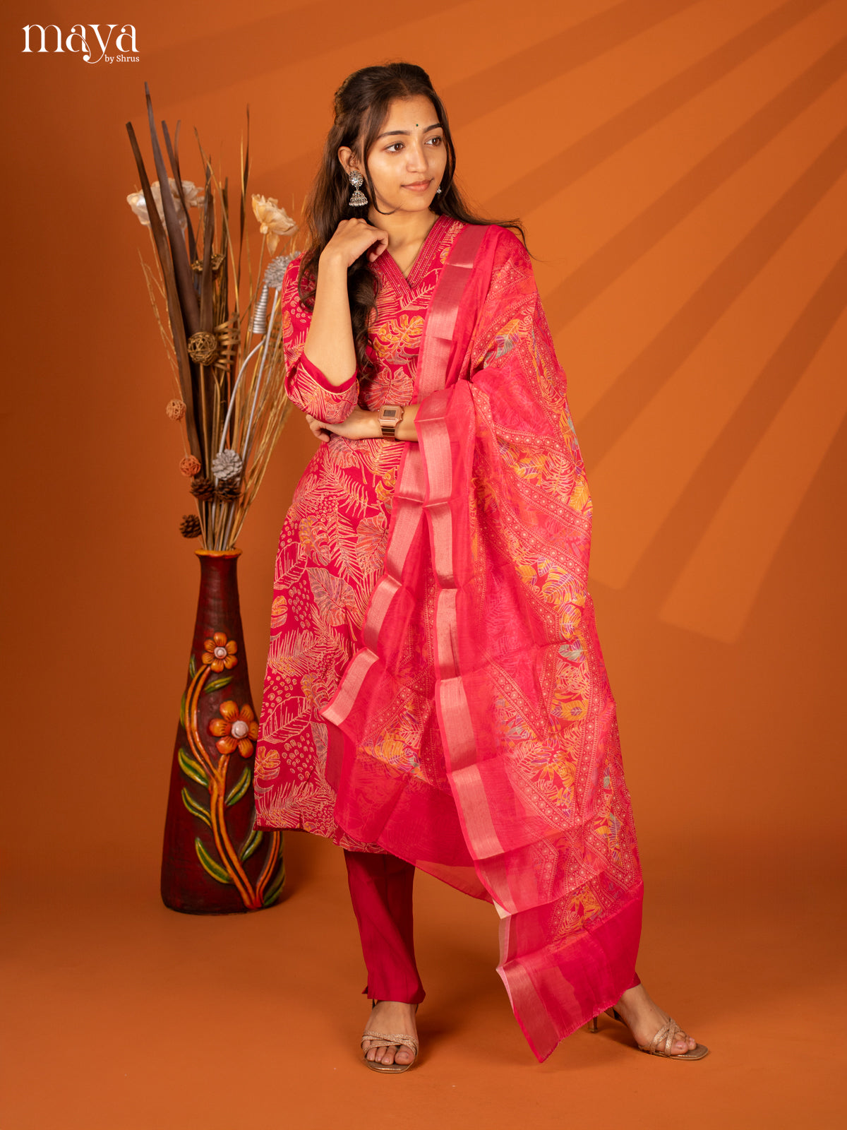 Pink Cotton 3 Pc Salwar With Floral Print - Top, Bottom & Dupatta