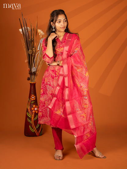 Pink Cotton 3 Pc Salwar With Floral Print - Top, Bottom & Dupatta