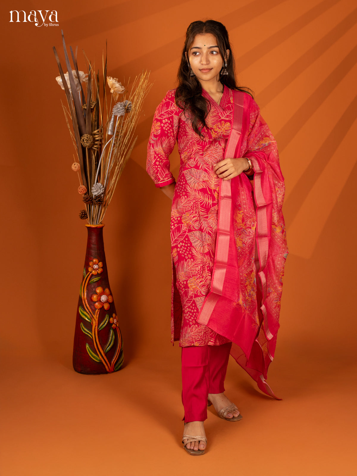 Pink Cotton 3 Pc Salwar With Floral Print - Top, Bottom & Dupatta