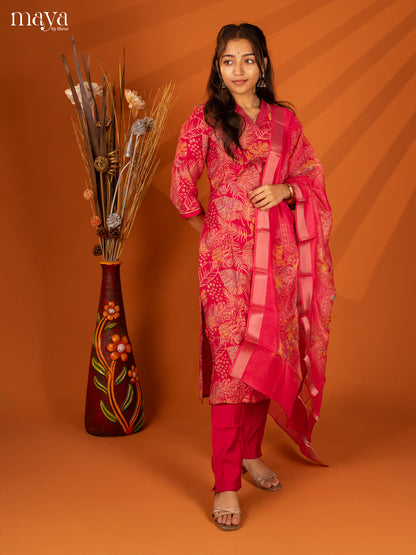 Pink Cotton 3 Pc Salwar With Floral Print - Top, Bottom & Dupatta