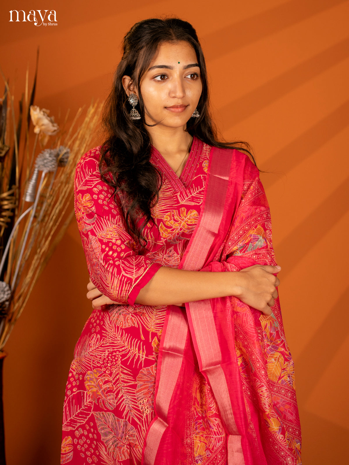 Pink Cotton 3 Pc Salwar With Floral Print - Top, Bottom & Dupatta