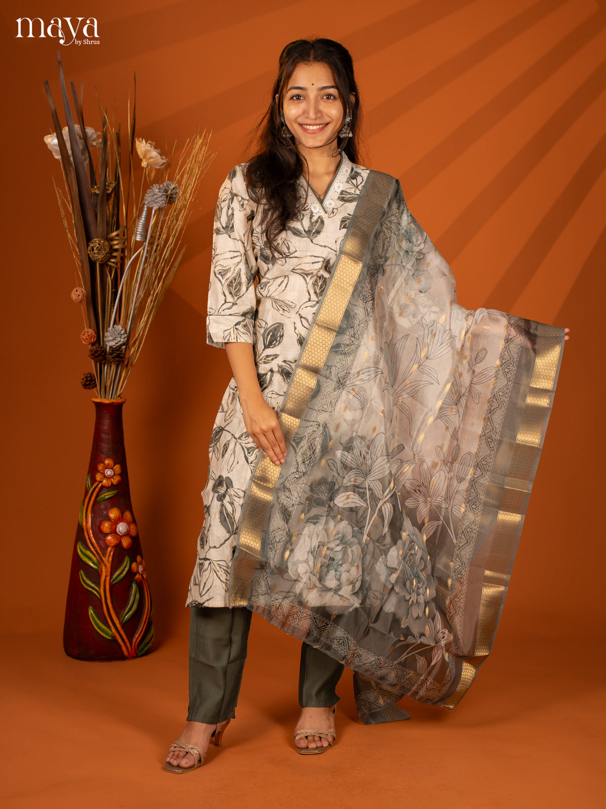 White Cotton 3 Pc Salwar With Floral Print - Top, Bottom & Dupatta
