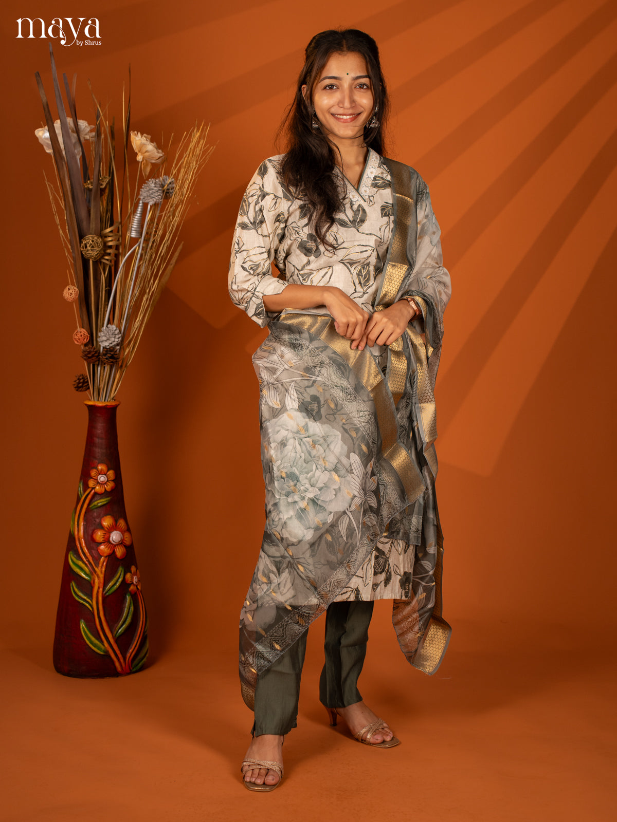 White Cotton 3 Pc Salwar With Floral Print - Top, Bottom & Dupatta