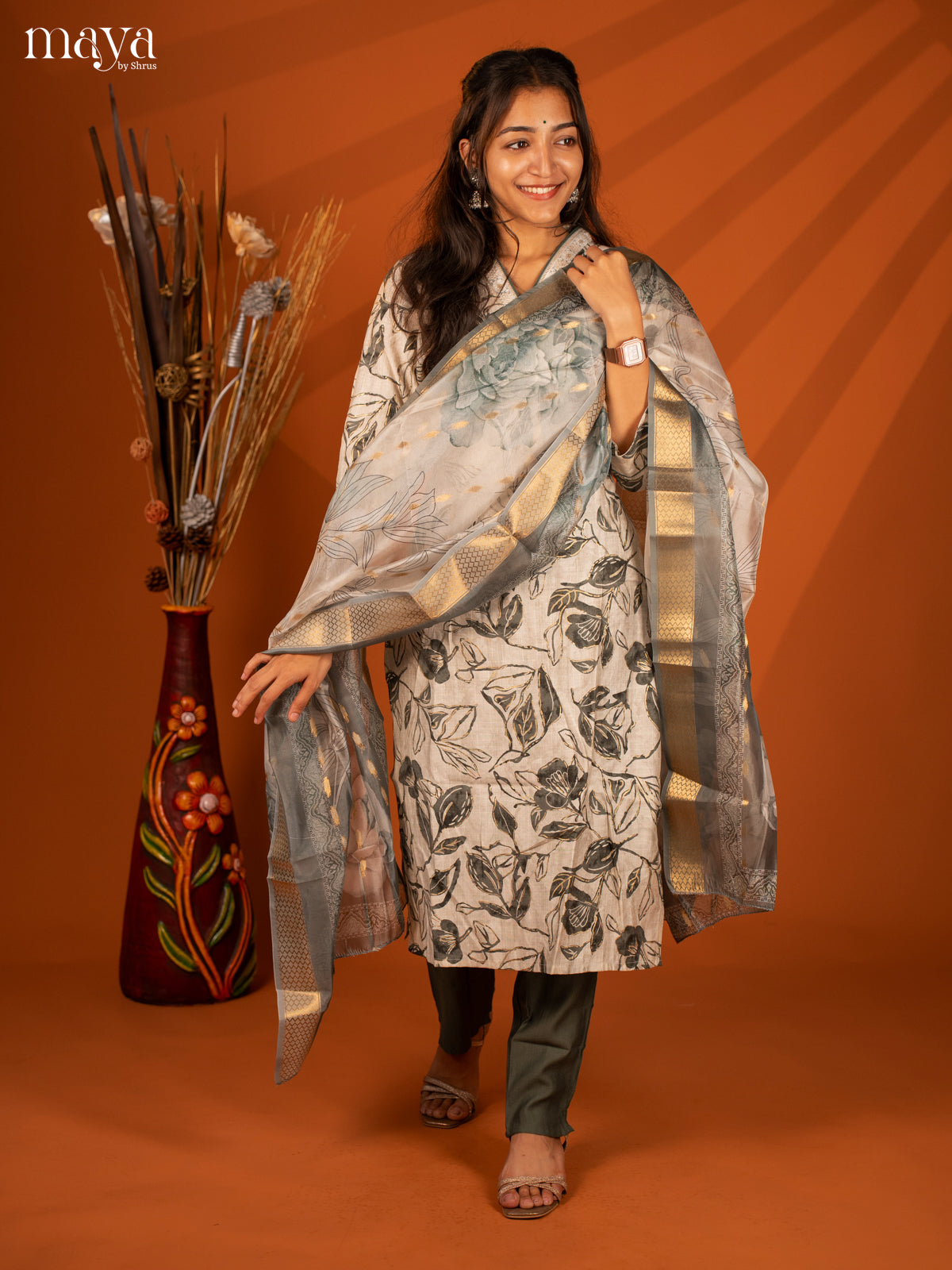 White Cotton 3 Pc Salwar With Floral Print - Top, Bottom & Dupatta
