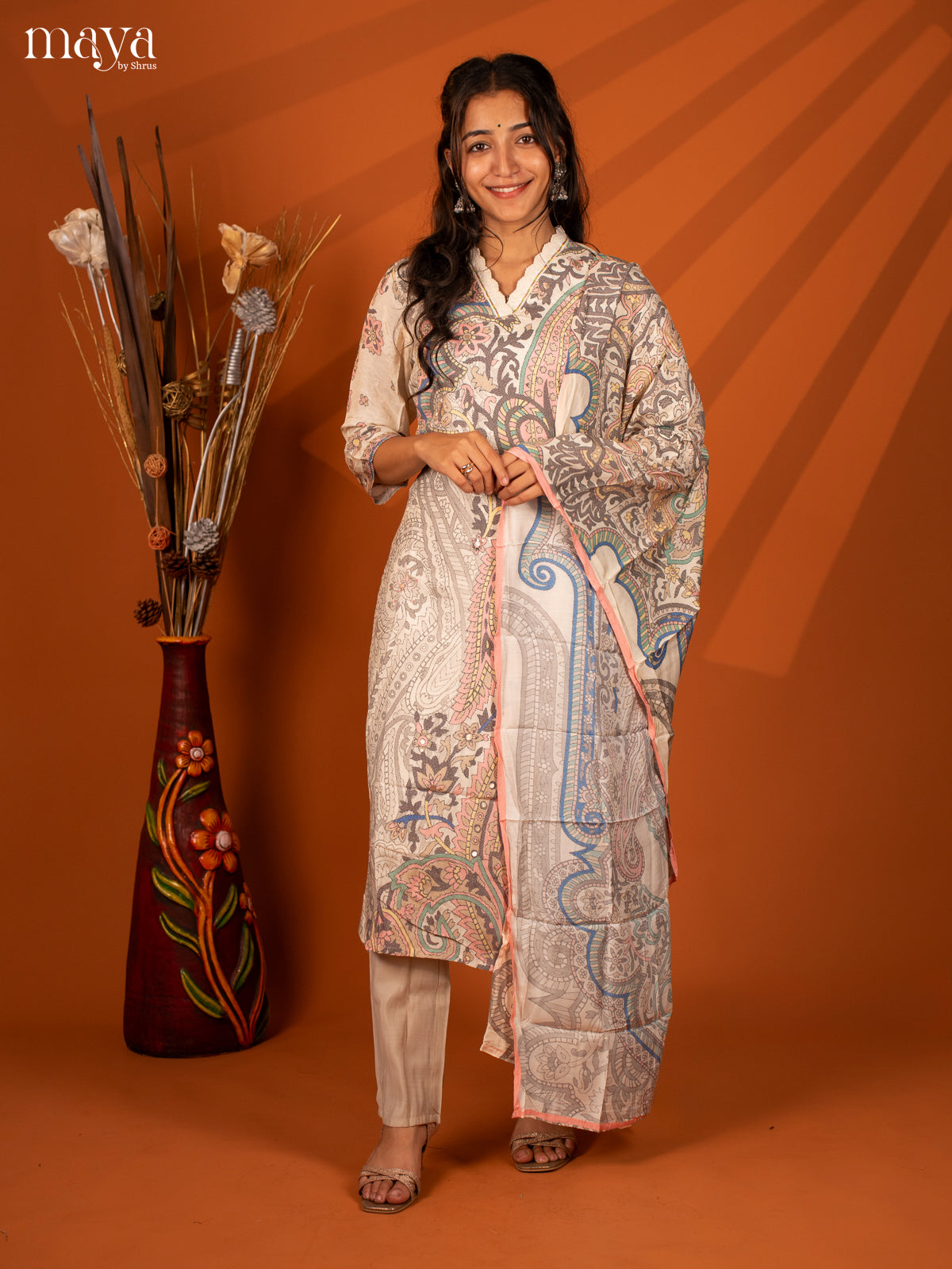 White Semi Crepe 3 Pc Salwar With Digital Print - Top, Bottom & Dupatta