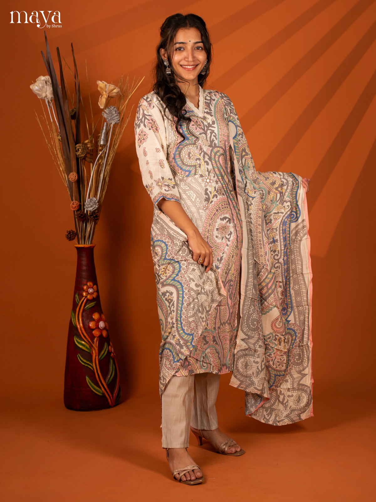 White Semi Crepe 3 Pc Salwar With Digital Print - Top, Bottom & Dupatta