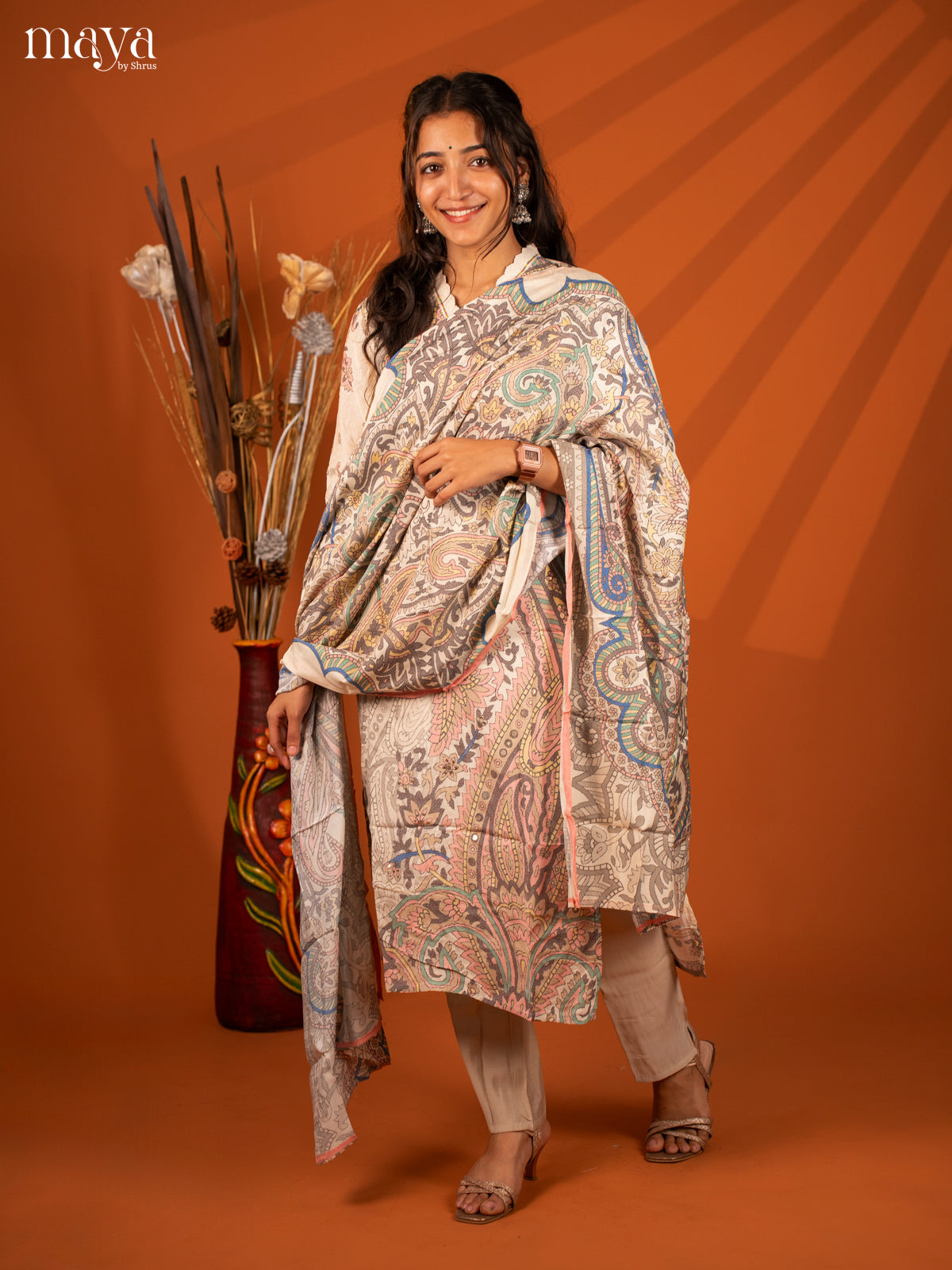 White Semi Crepe 3 Pc Salwar With Digital Print - Top, Bottom & Dupatta