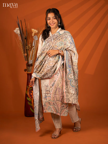 White Semi Crepe 3 Pc Salwar With Digital Print - Top, Bottom & Dupatta