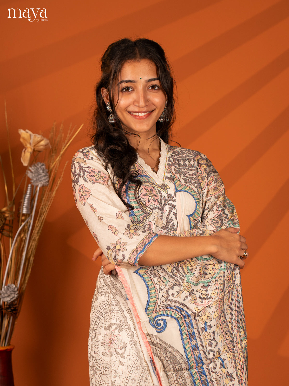 White Semi Crepe 3 Pc Salwar With Digital Print - Top, Bottom & Dupatta